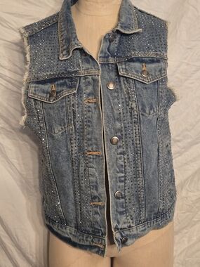 Vocal Blue Denim Studded Sleeveless Jacket Vest